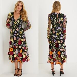 Lulus Impressive Blossom Black 3D Floral Embroidered Midi Dress Wedding Party